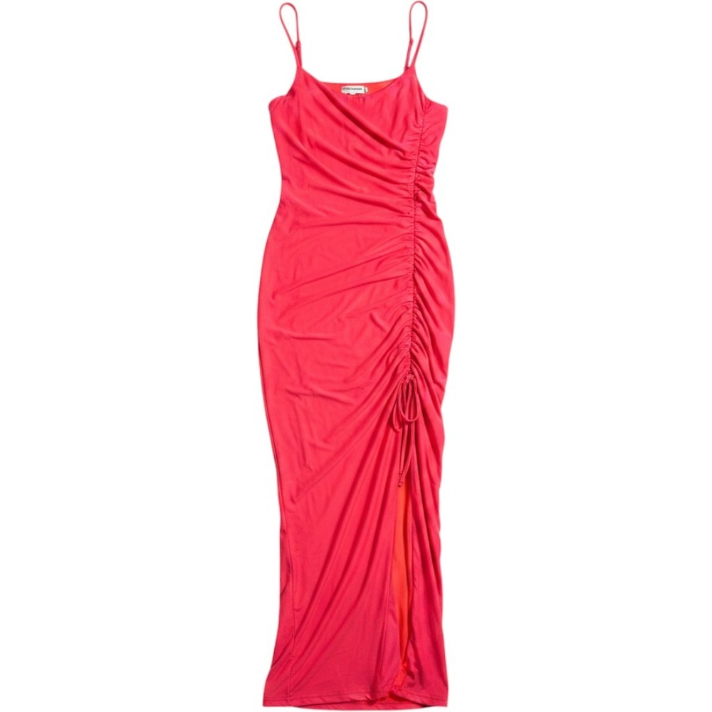 Good American Ruched Maxi Dress Womens Medium Fiery Coral Slit Bodycon - Picture 1 of 6